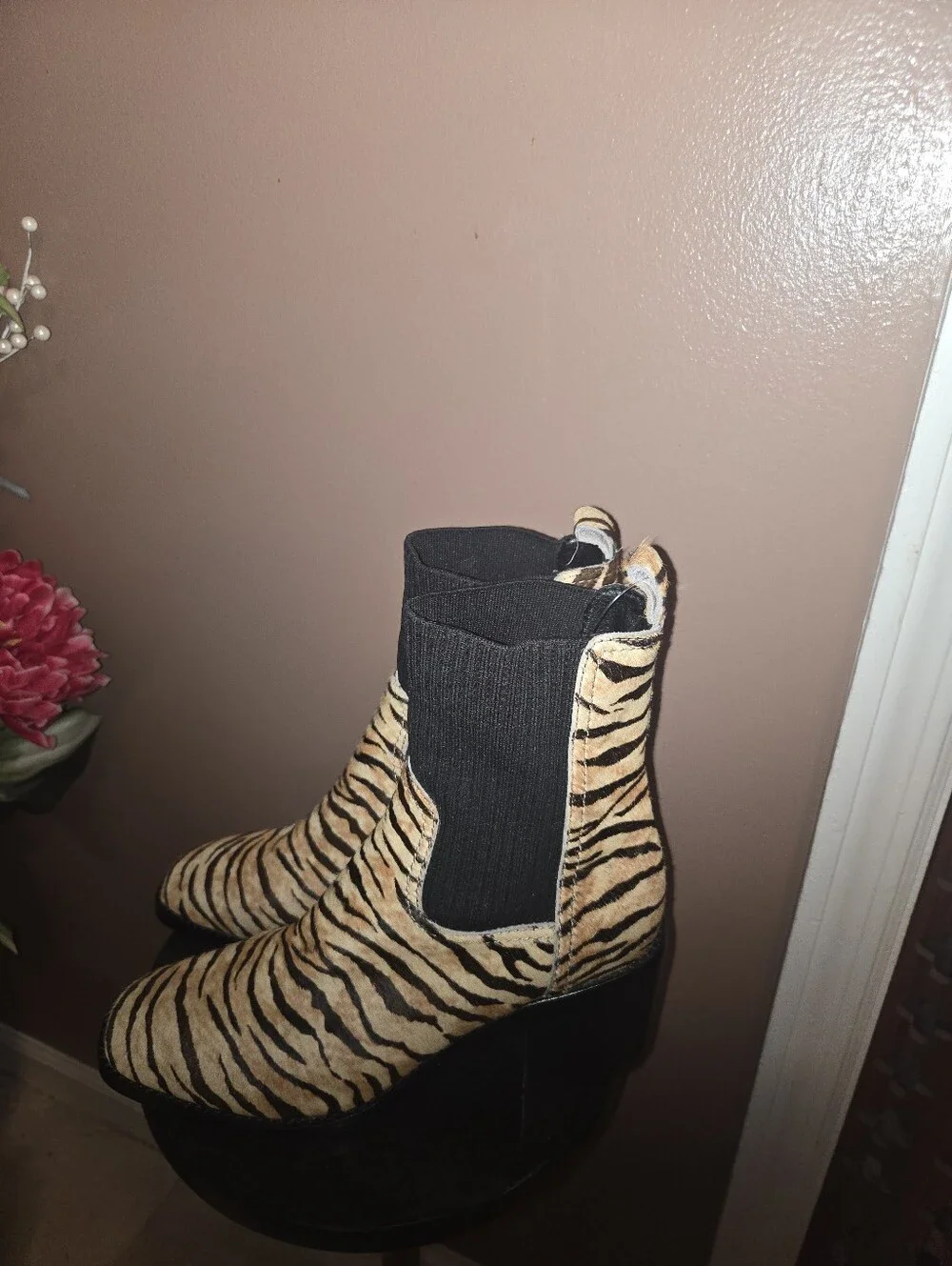 NWOT Silent D Nirvani Knit Chelsea Tiger Print Ankle Boots with Black Knit Shaft